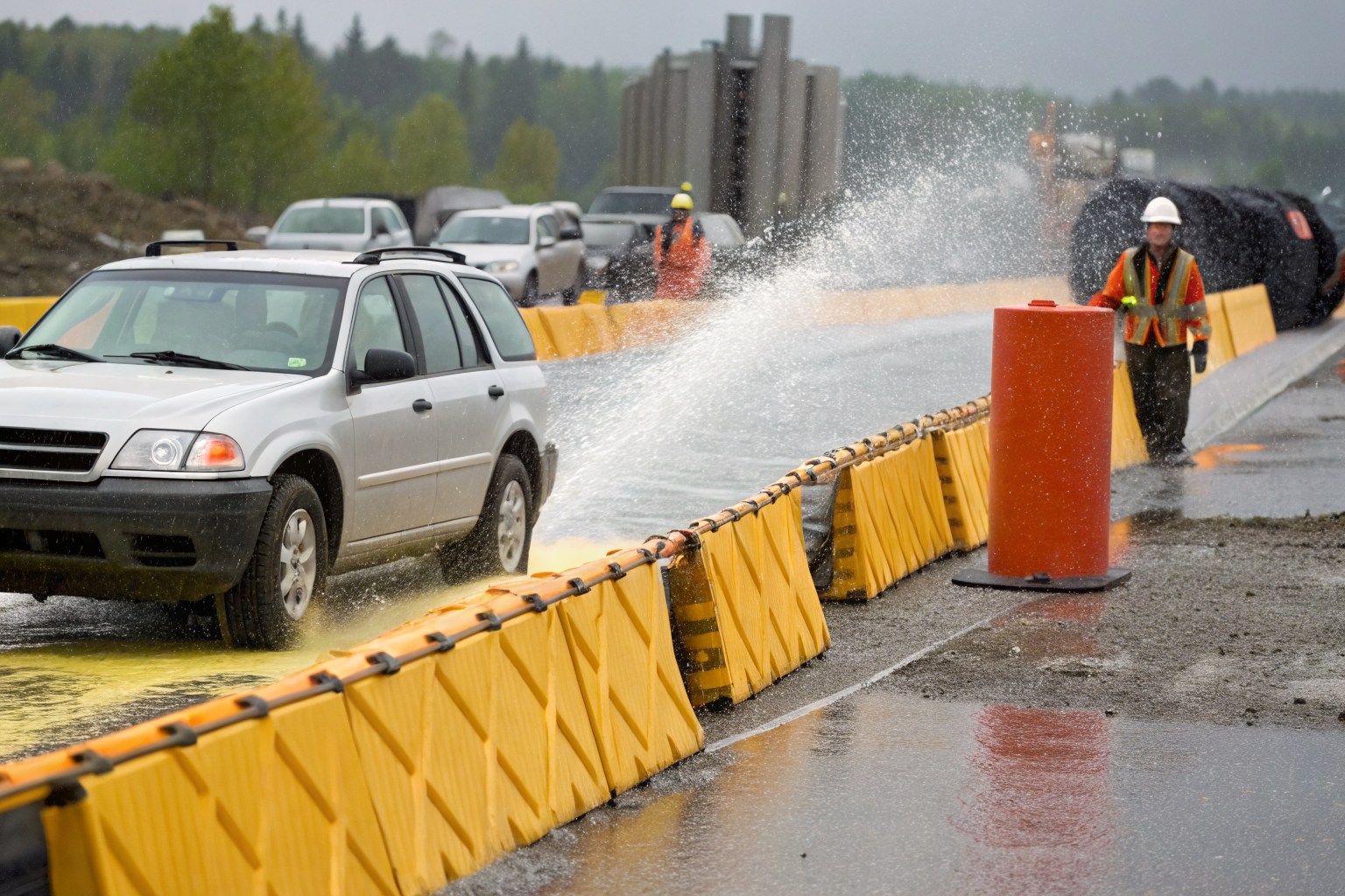Portable spill berm being deployed at spill site.