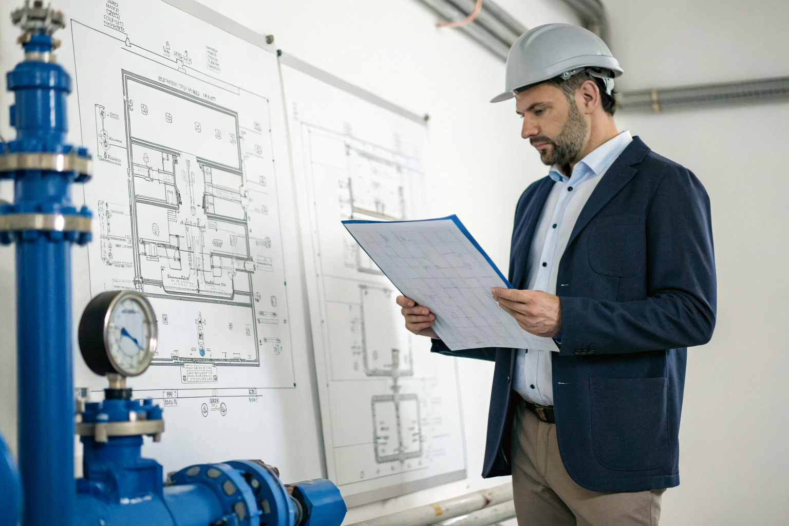 Engineer displaying PE license with technical diagrams nearby.