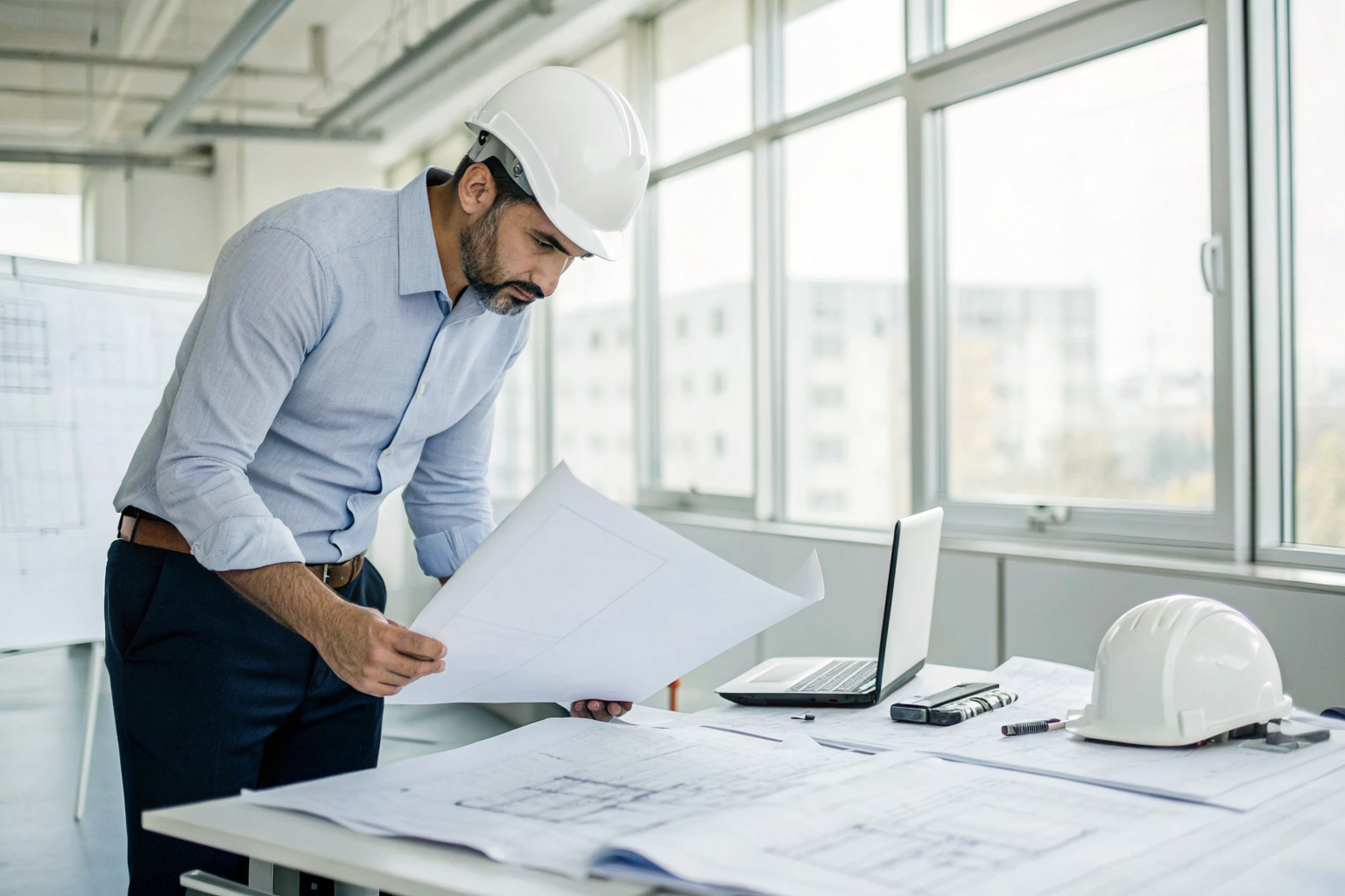 Engineer reviews unsigned SPCC plan in office with technical documents.