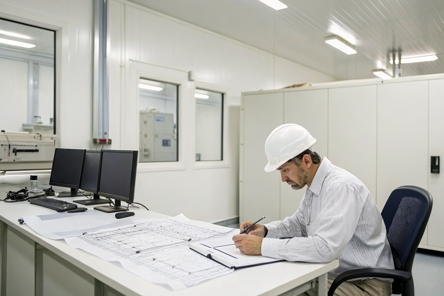 Engineer reviewing SPCC plans in a farm office.