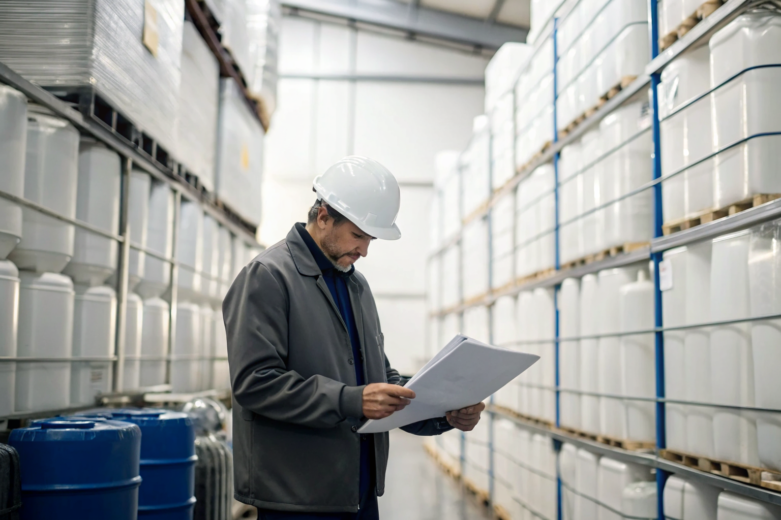 Inspector reviewing SPCC documents in a storage facility.