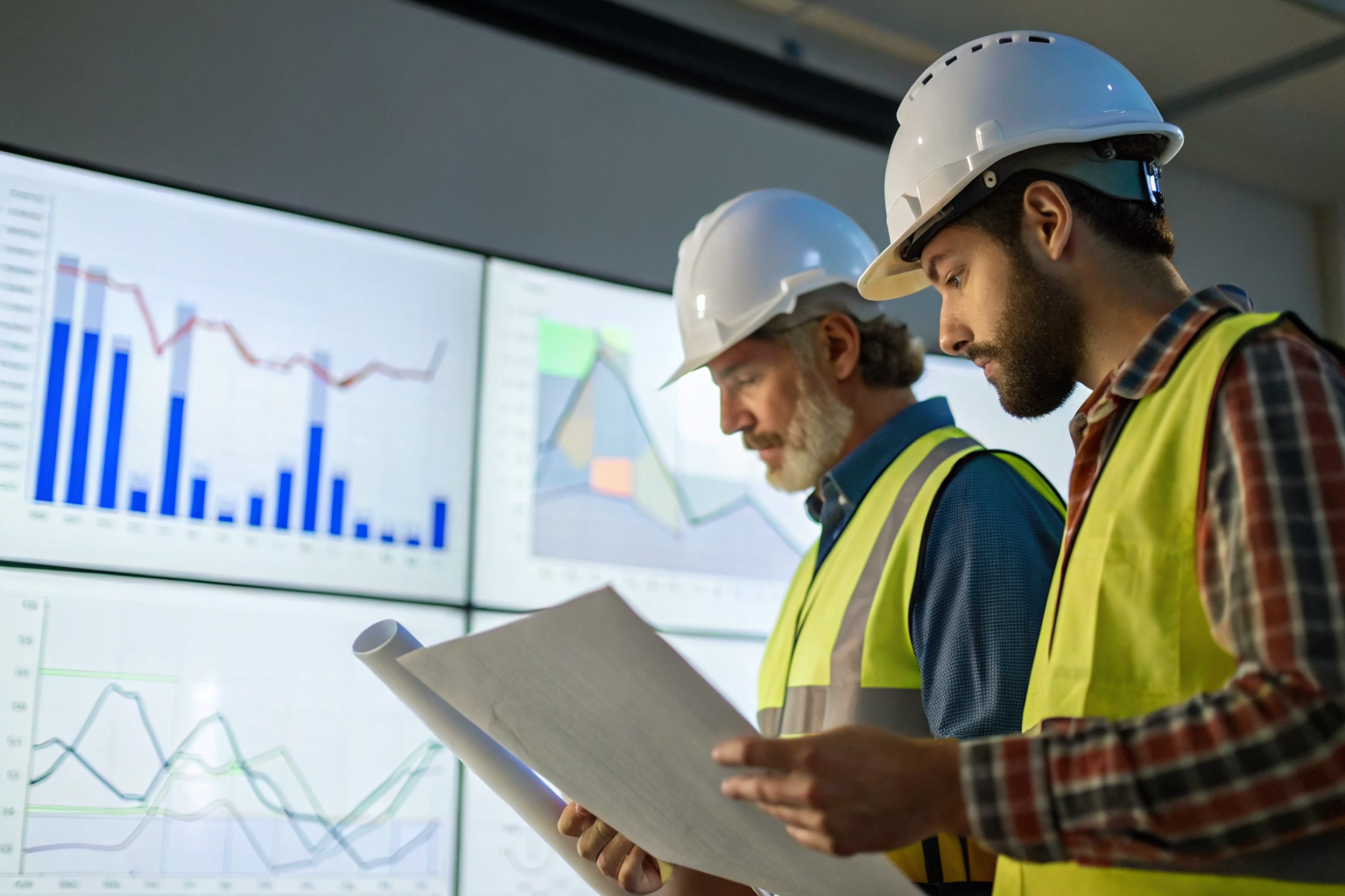 Workers reviewing EPA documents with charts in an office.