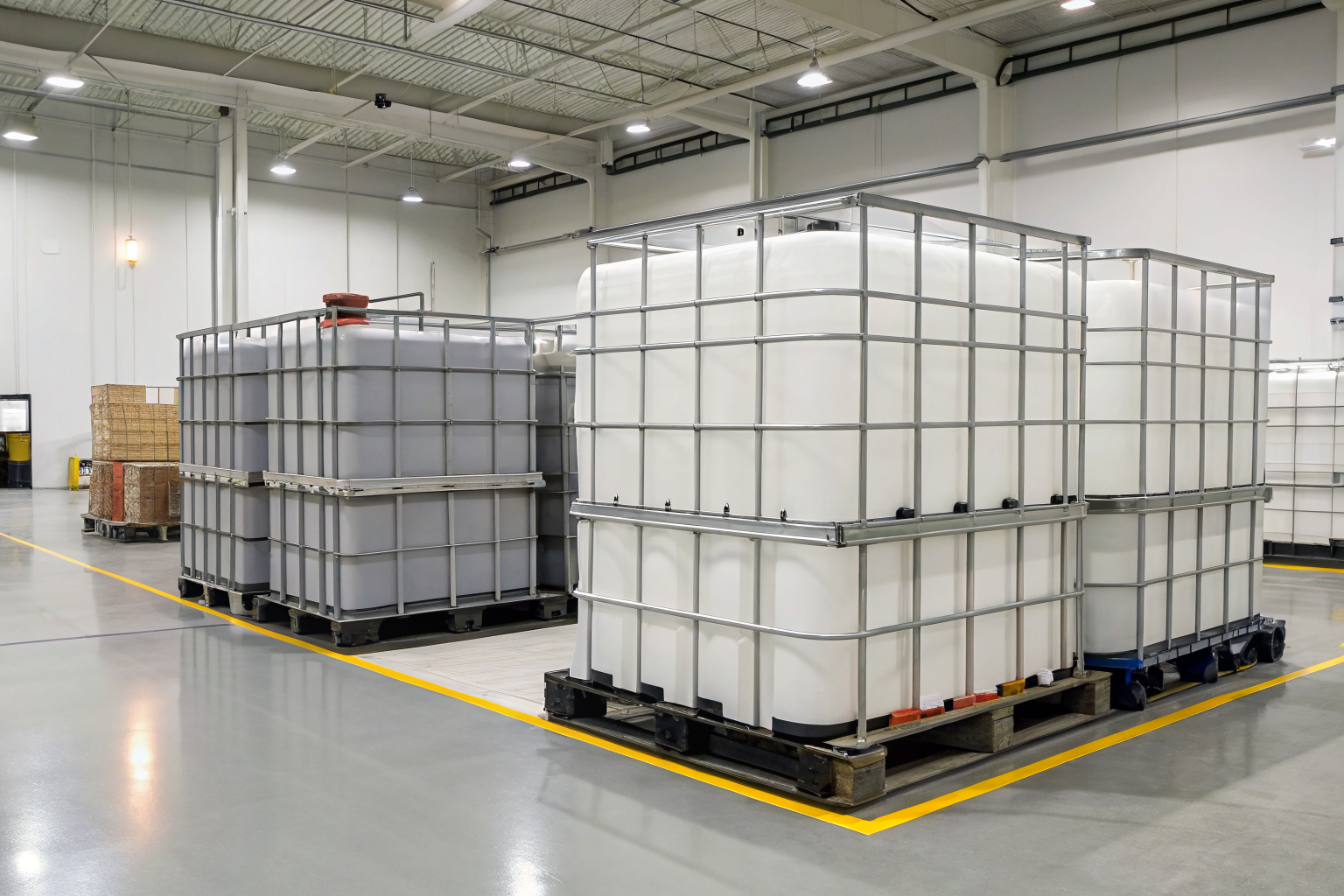 Warehouse with IBCs and containment system visible.
