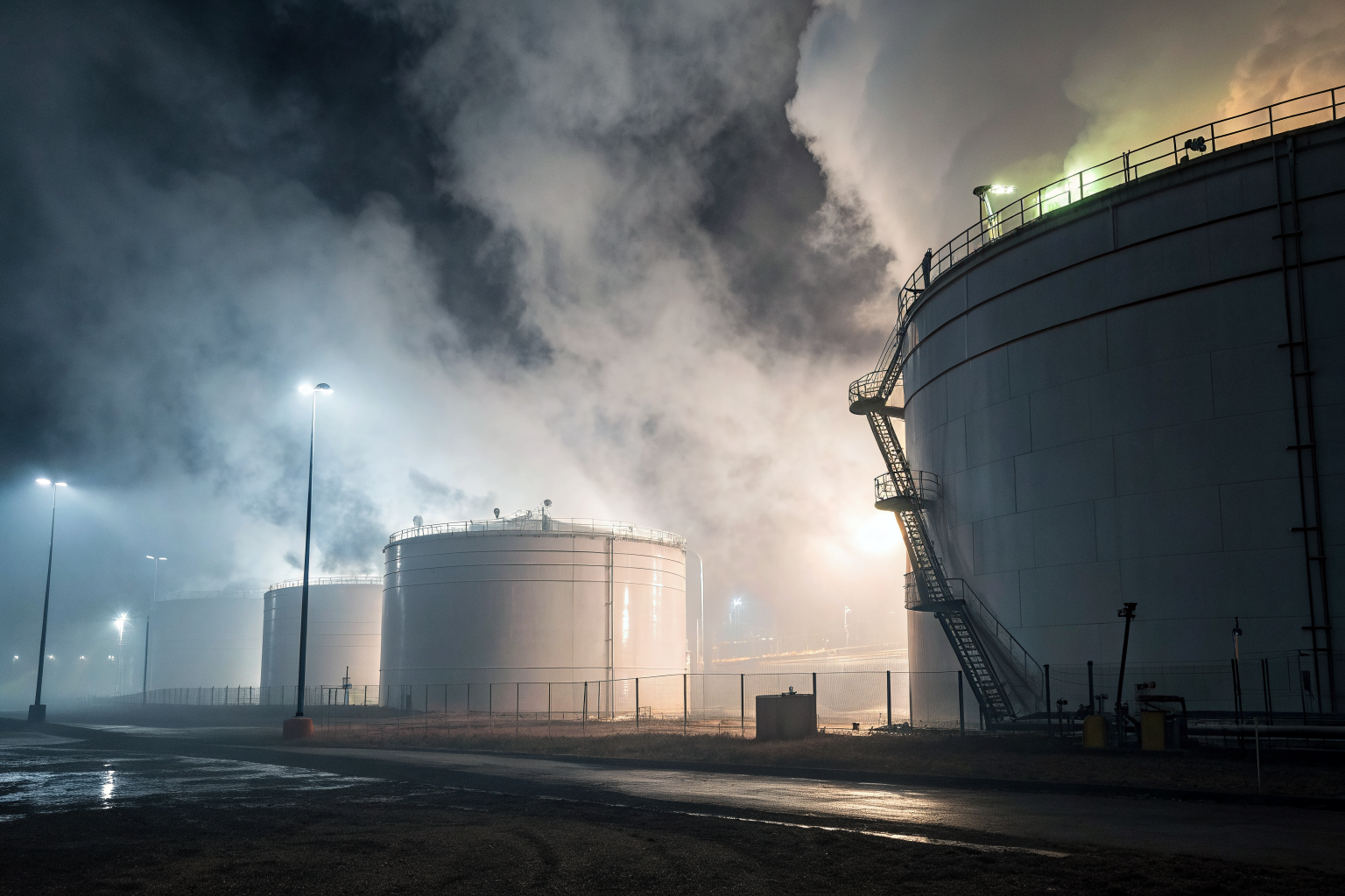 Industrial tanks in fog, symbolizing 110 percent containment myth.