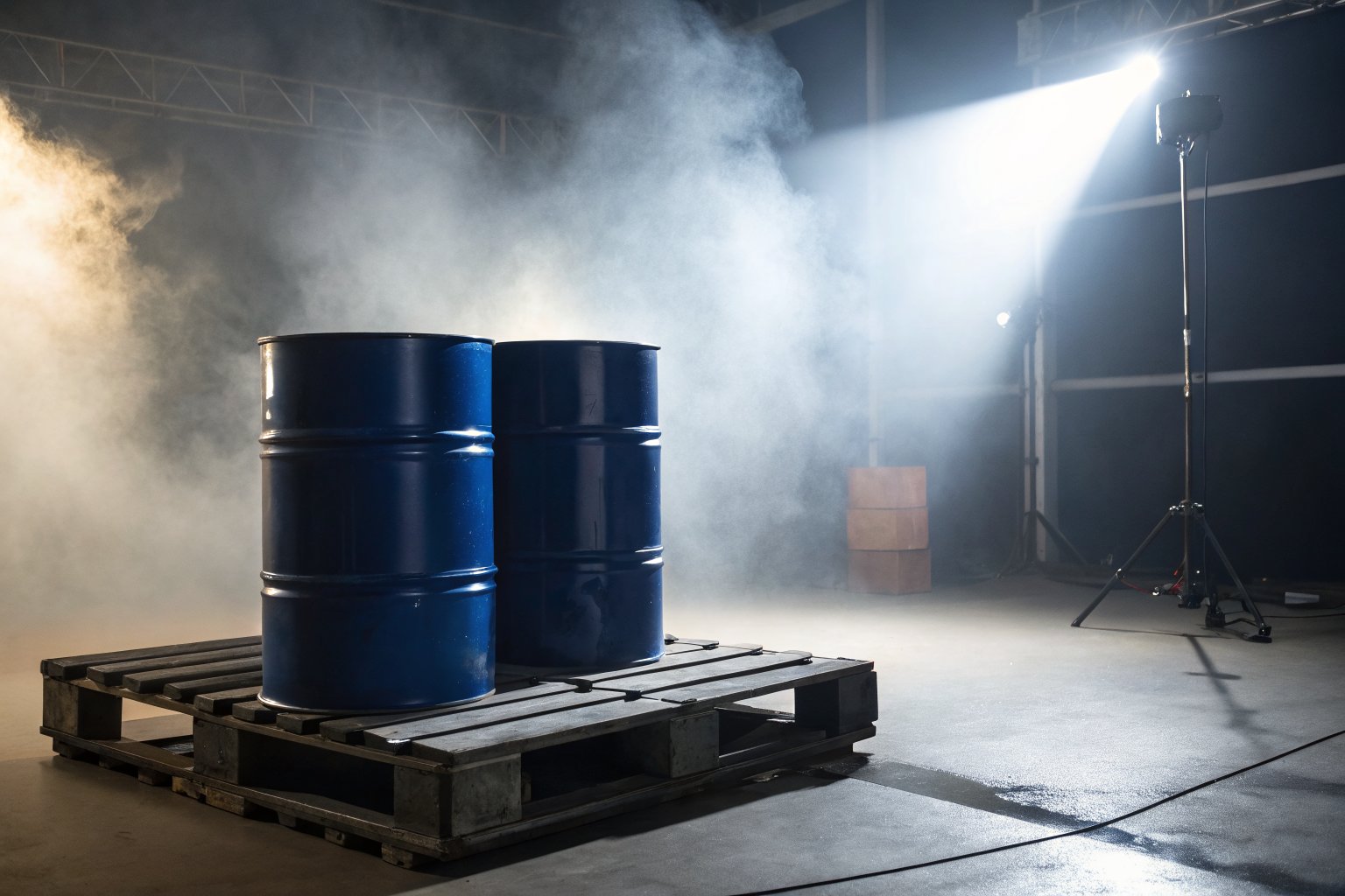 2 drum spill pallet with standard drums, dramatic lighting, volumetric fog.