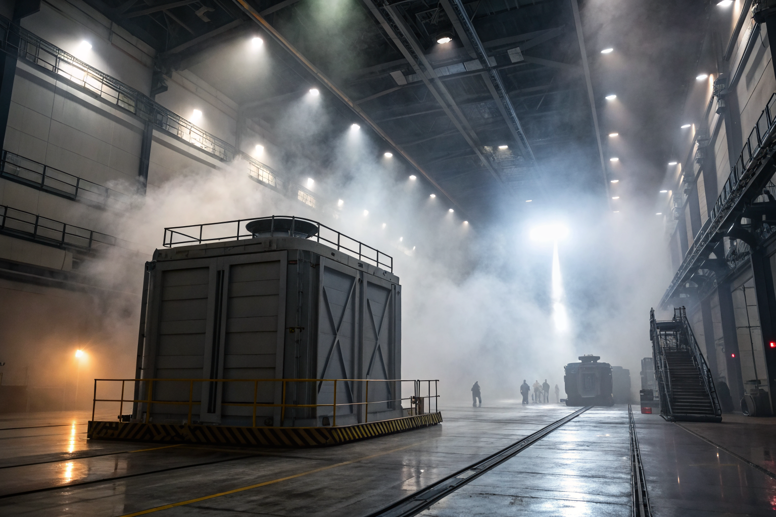 Futuristic containment facility with dramatic lighting and fog.