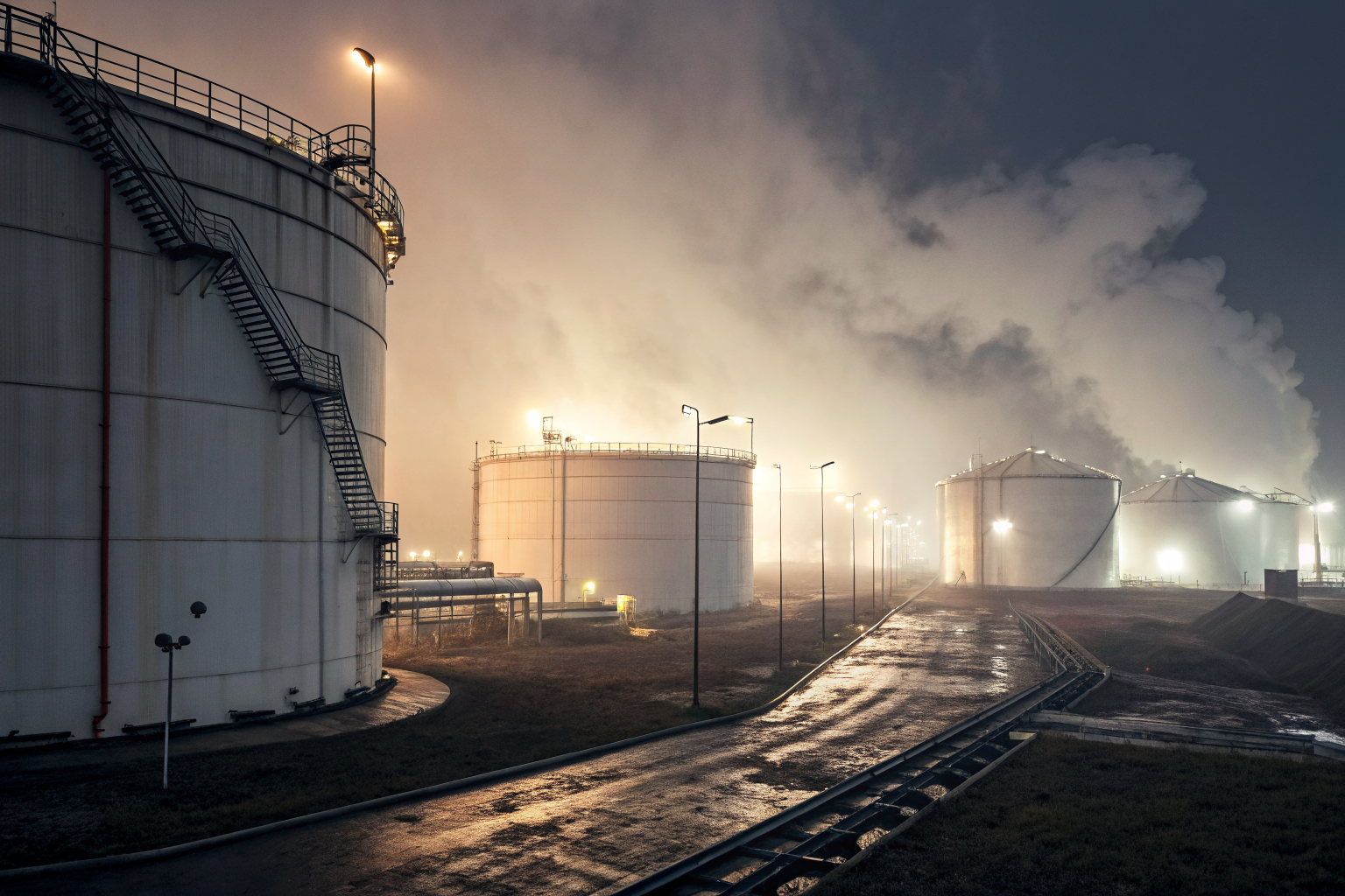 Oil storage facility with dramatic lighting and fog, high detail.