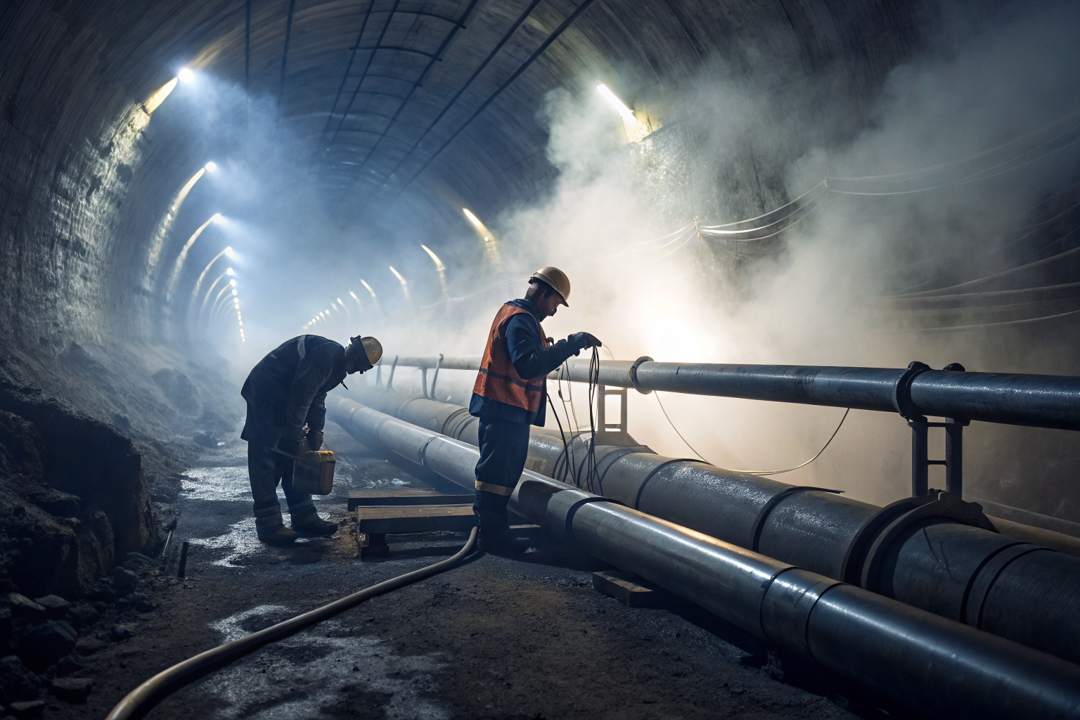 Engineers testing underground pipes with dramatic lighting and fog.