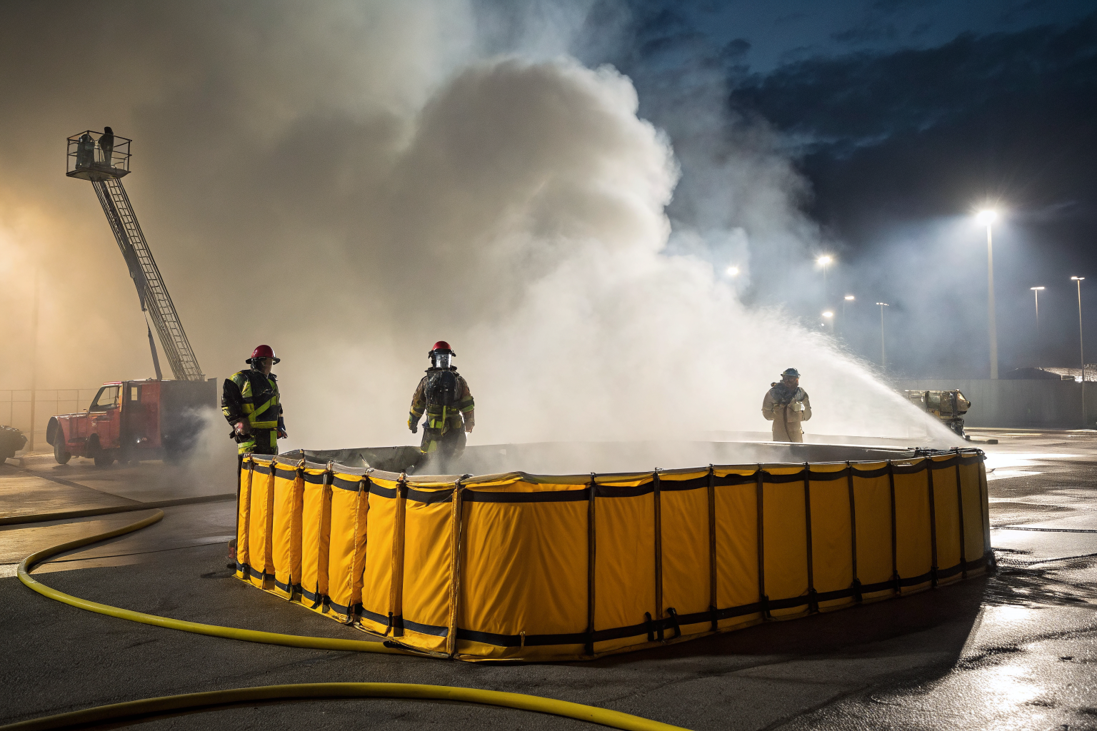Deployed collapsible spill containment system in an emergency setting with dramatic lighting.