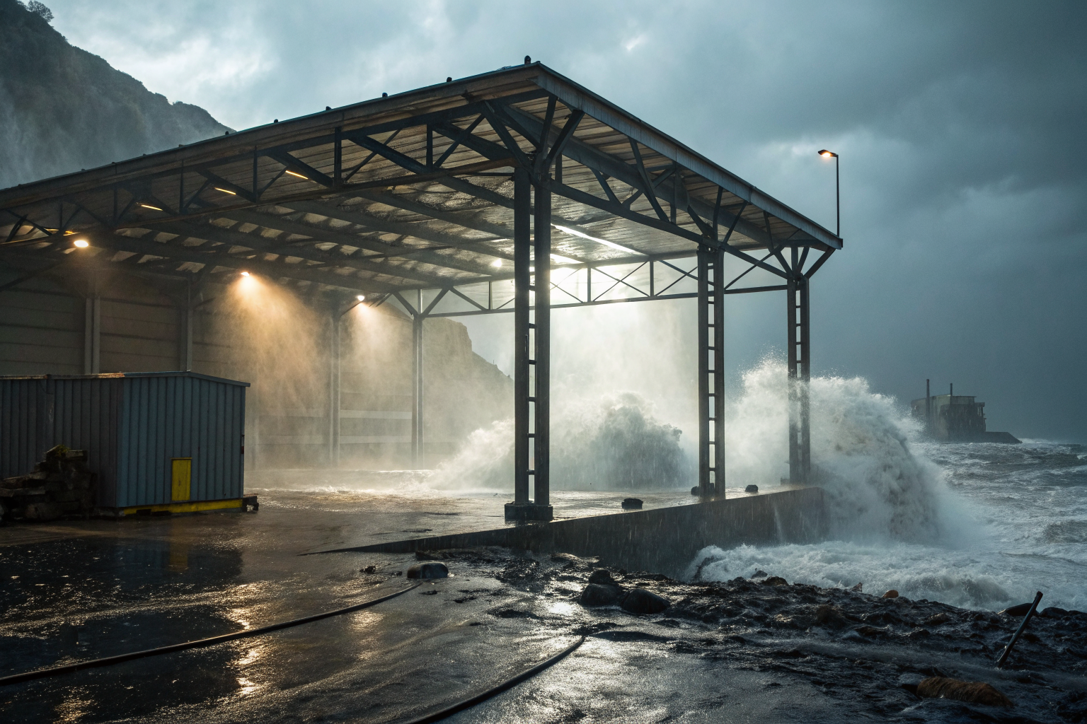 A robust containment shelter shields against stormy weather, with water and debris deflected.