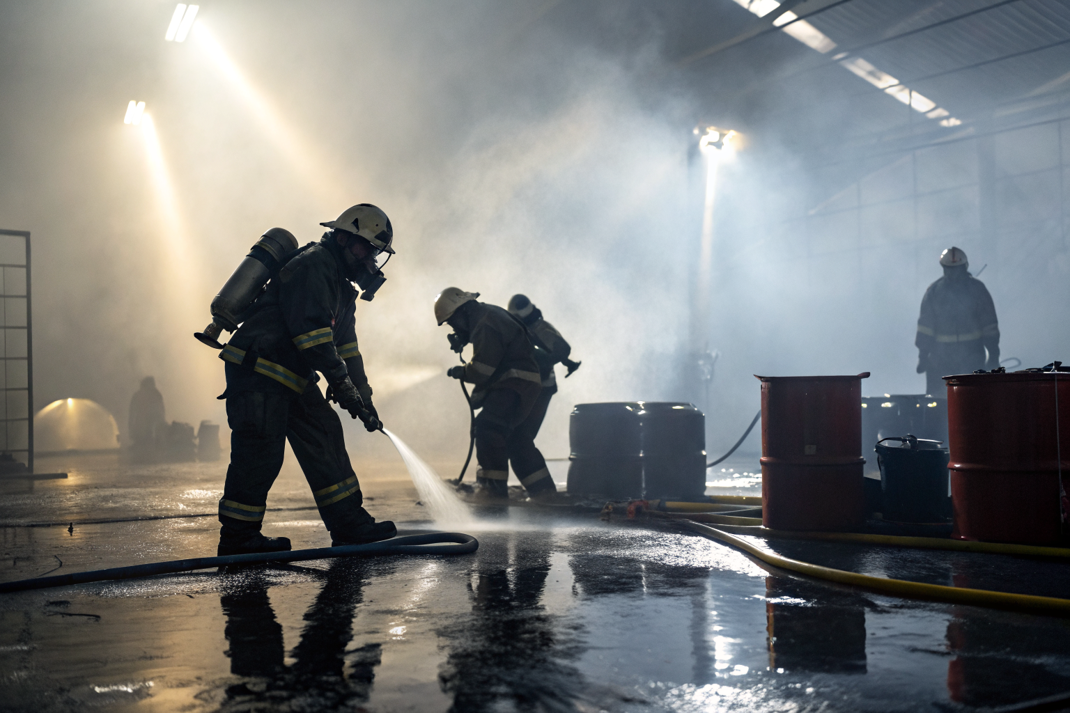 Oil personnel in a spill response drill with dramatic lighting
