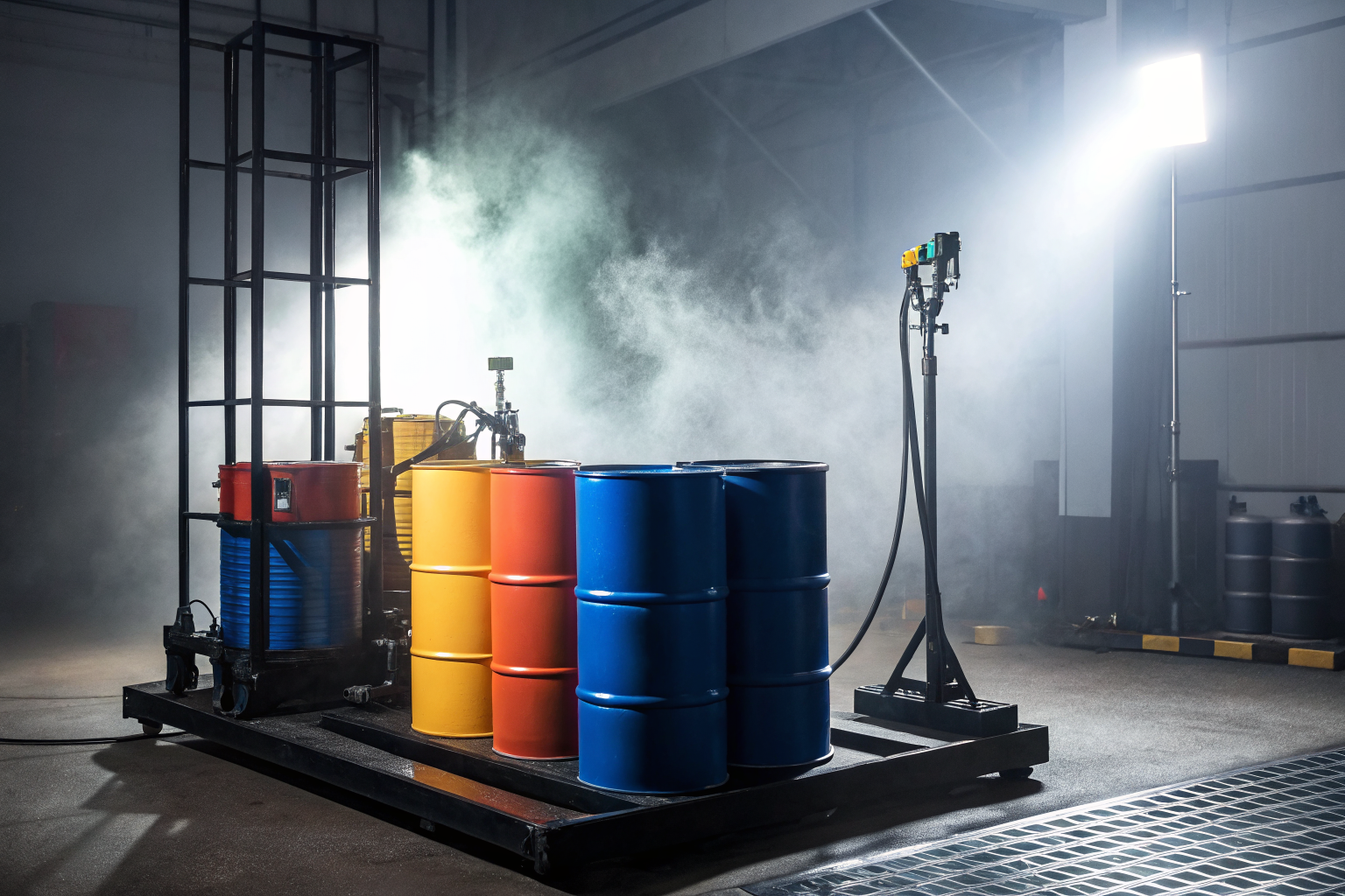 Drum dispensing station with colorful drums and advanced containment system under dramatic lighting.