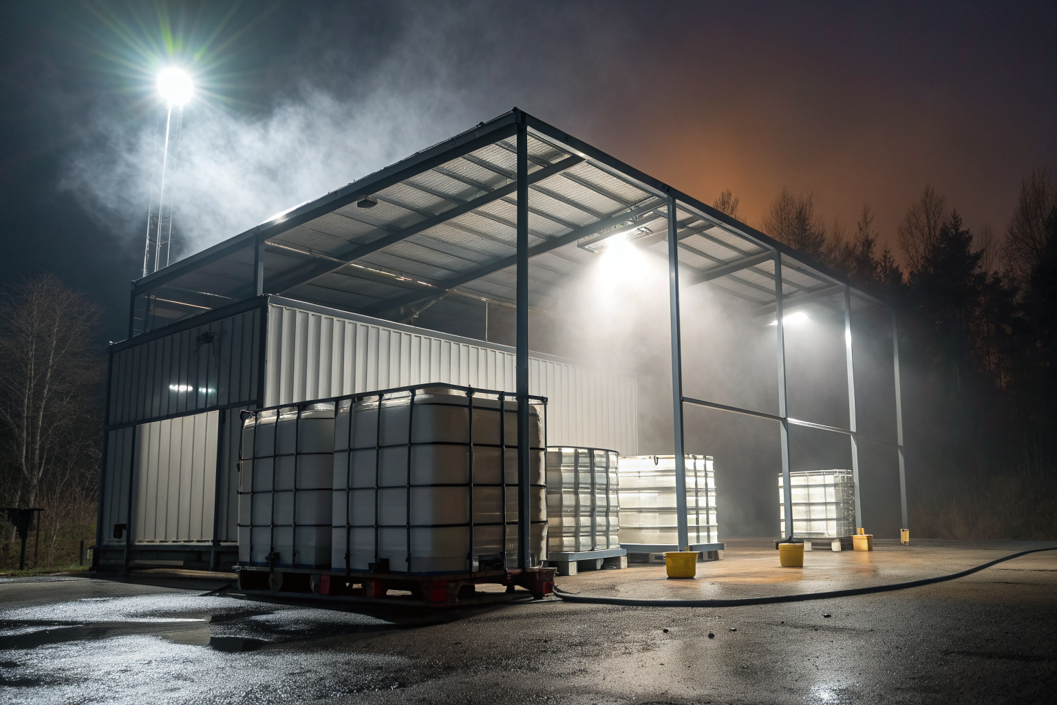 Steel IBC containment shelter with dramatic lighting and industrial elements.