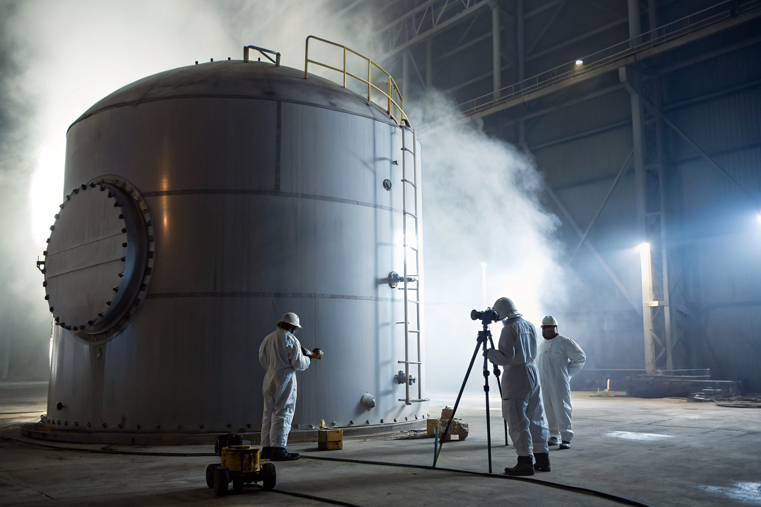 Technicians examining a large storage tank with advanced equipment under dramatic lighting.