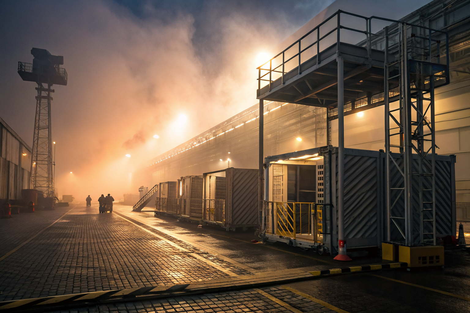 Loading rack facility at dawn with containment systems and safety gear.