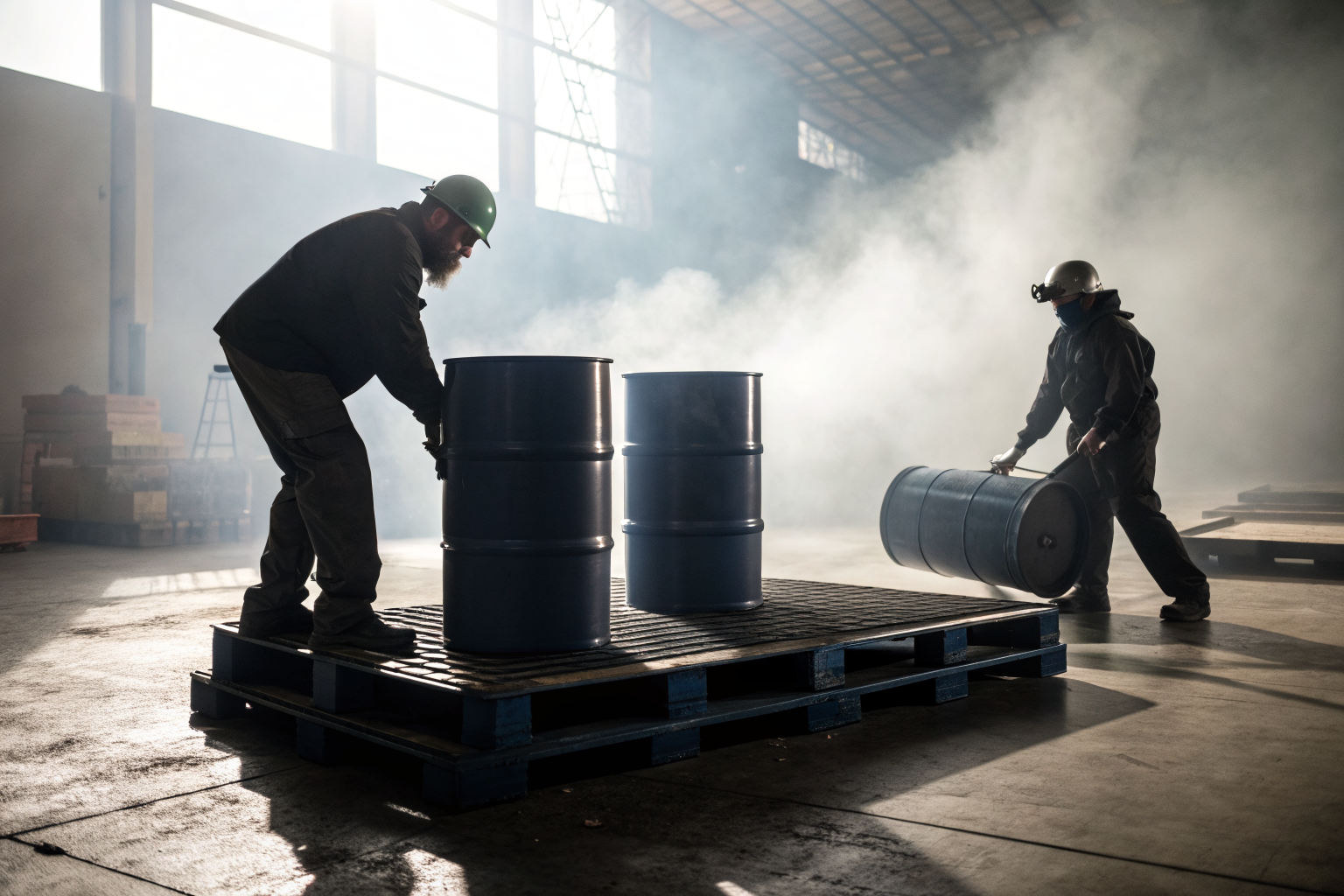 Workers lifting drums on a low profile spill pallet with dramatic lighting.