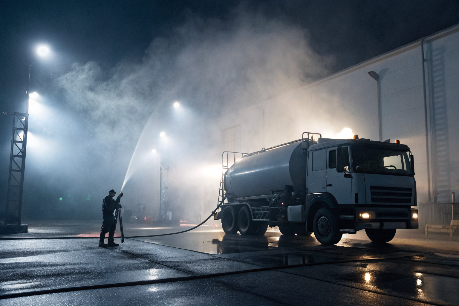 Mobile refueler truck with fuel transfer and containment systems in dramatic lighting.