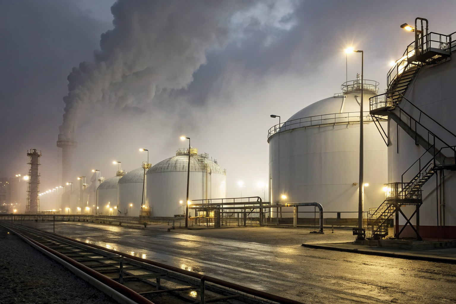 Oil containment facility with advanced spill-prevention systems, dramatic lighting, and volumetric fog.