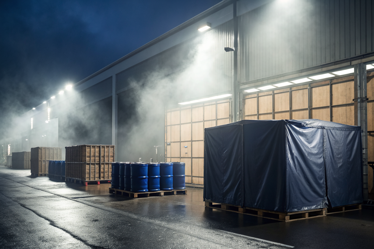 Weather-resistant drum storage solutions in dramatic lighting with volumetric fog.