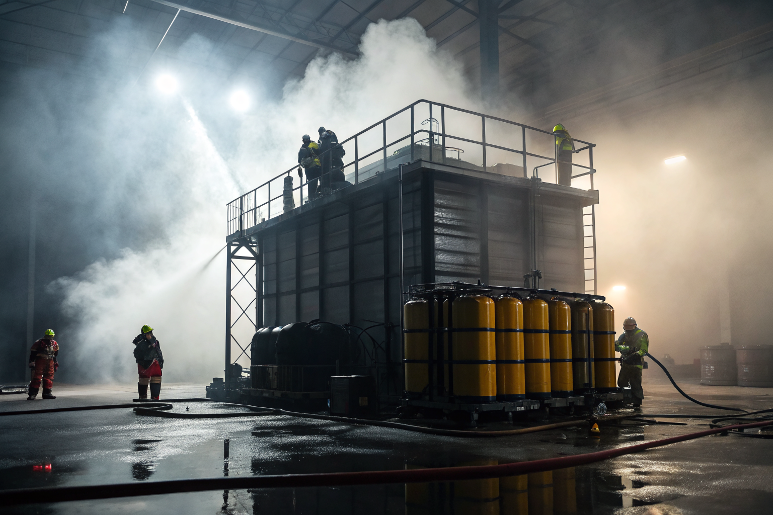 Industrial containment system with tanks and safety gear, dramatic lighting.