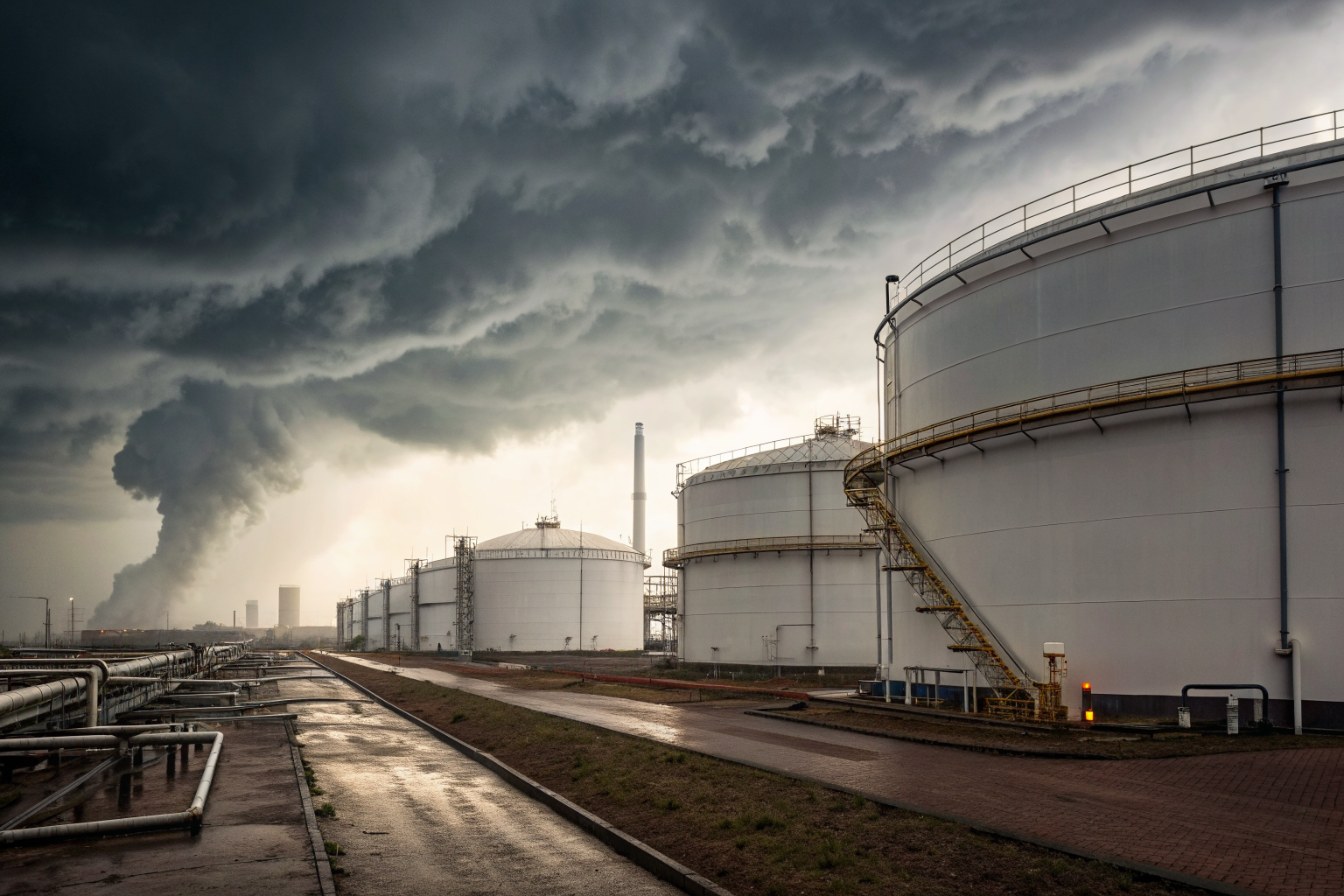 Industrial facility with containment systems and drain valves under stormy skies.