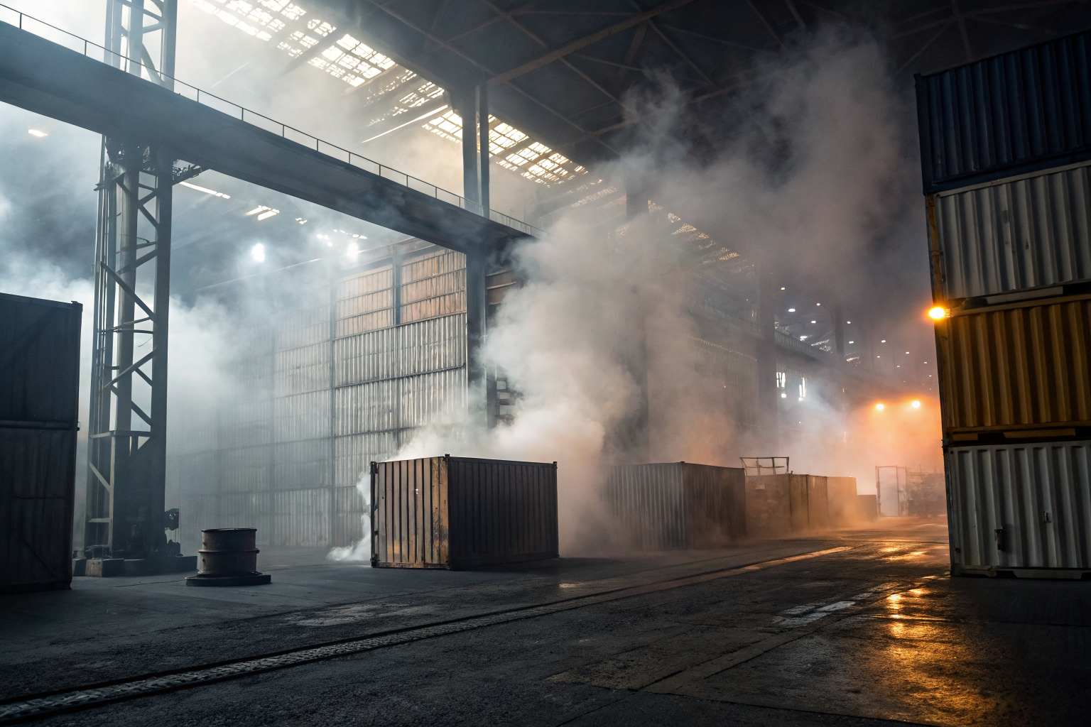 Dramatic industrial containment scene with fog and dramatic lighting.