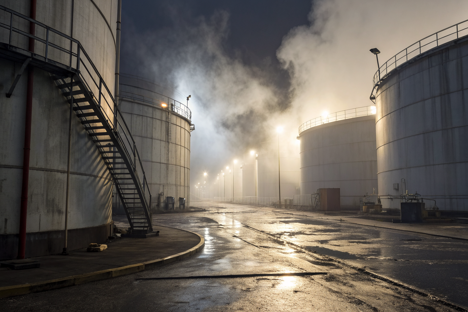 Oil tanks with containment barriers and spilled oil in dramatic lighting.
