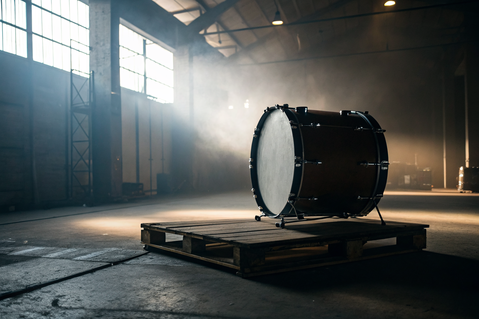 Single drum on spill pallet in industrial setting with dramatic lighting.
