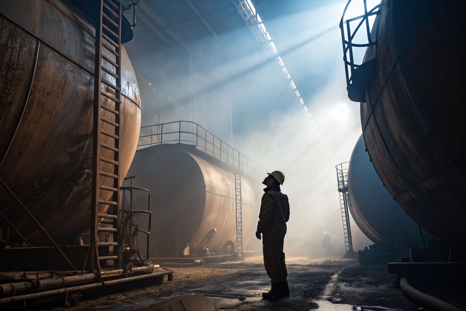 EPA inspector examining oil tanks in a dramatic, foggy industrial setting.