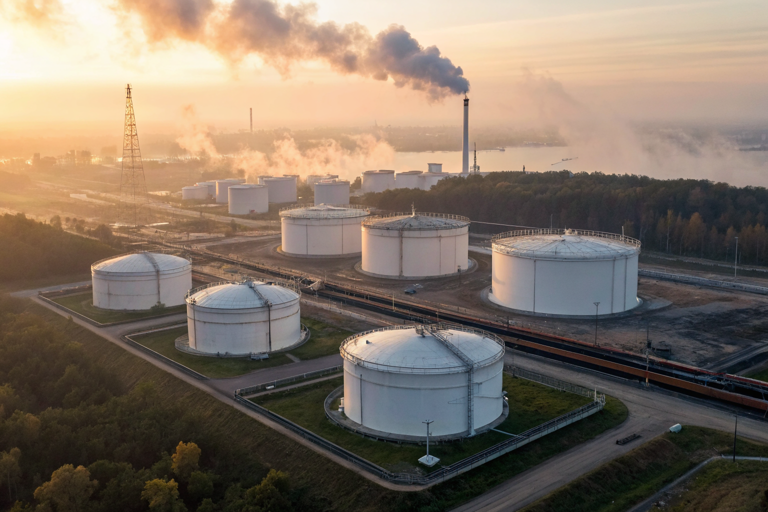 Oil storage facility with tanks and containment at dawn, dramatic lighting.