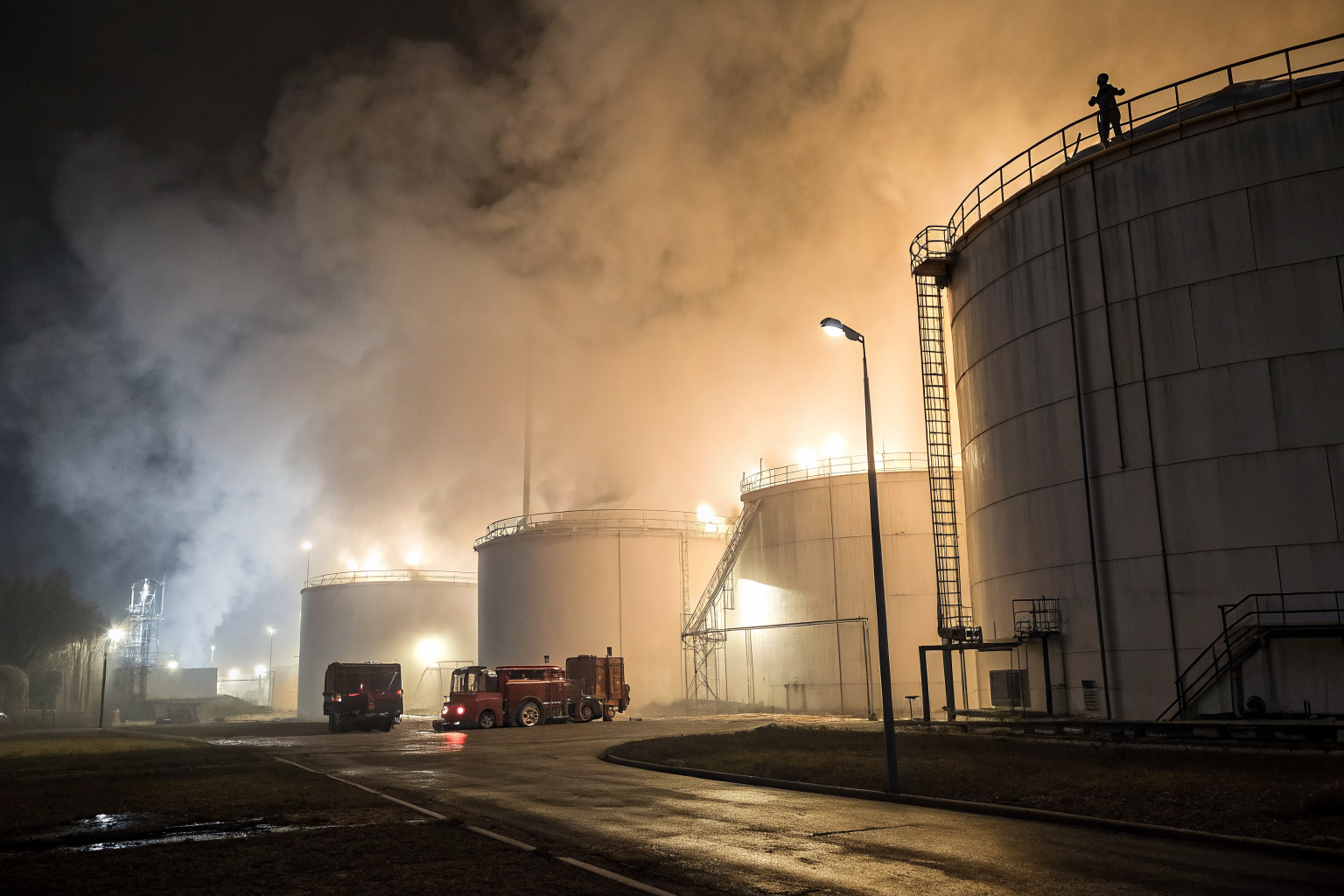 Industrial facility with large storage tanks in dramatic lighting and fog.