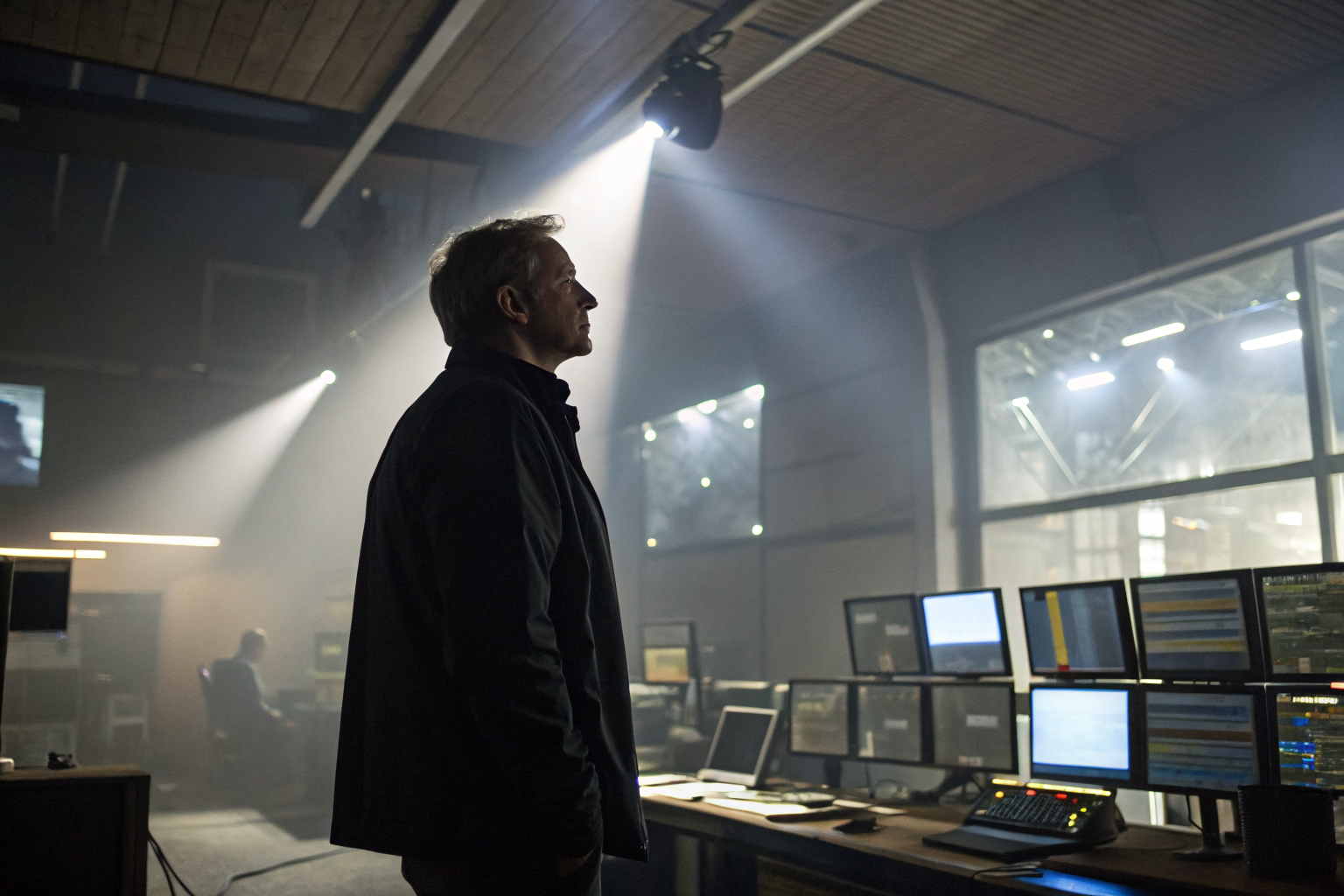 Facility manager in a control room with emergency screens, rim lighting, volumetric fog.