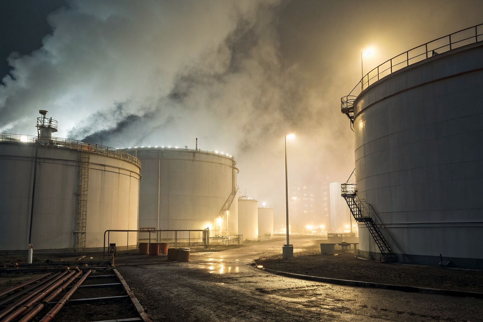 Oil containment facility with dramatic lighting and fog, showcasing analysis theme.