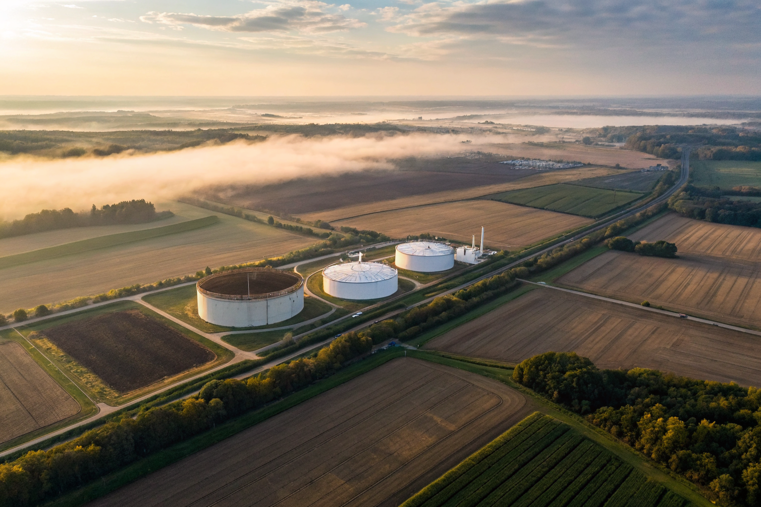 Large oil storage tanks on a farm, with dramatic lighting and fog.
