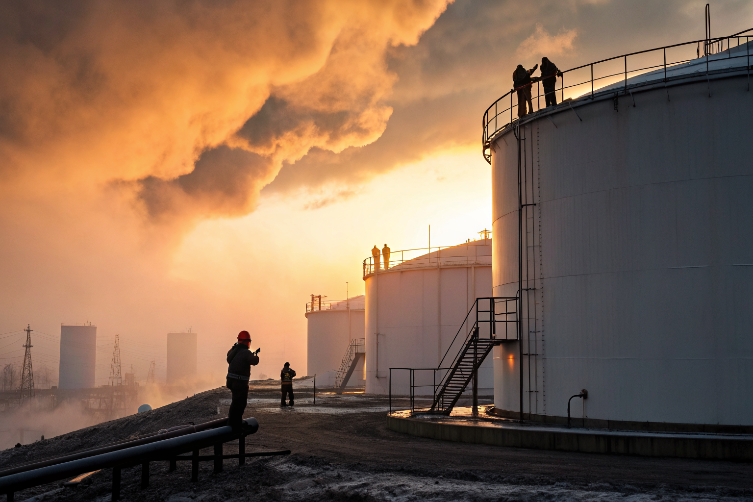 Workers inspecting oil tanks during sunset at storage facility.