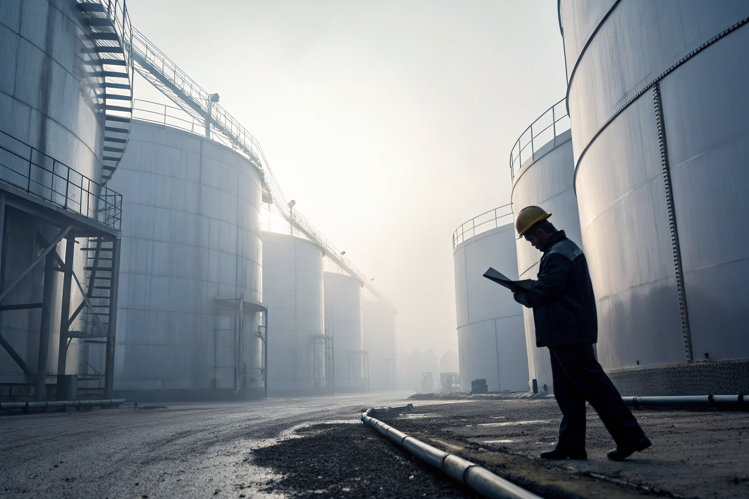 Engineer inspecting large oil storage tanks at a facility, under dramatic lighting.