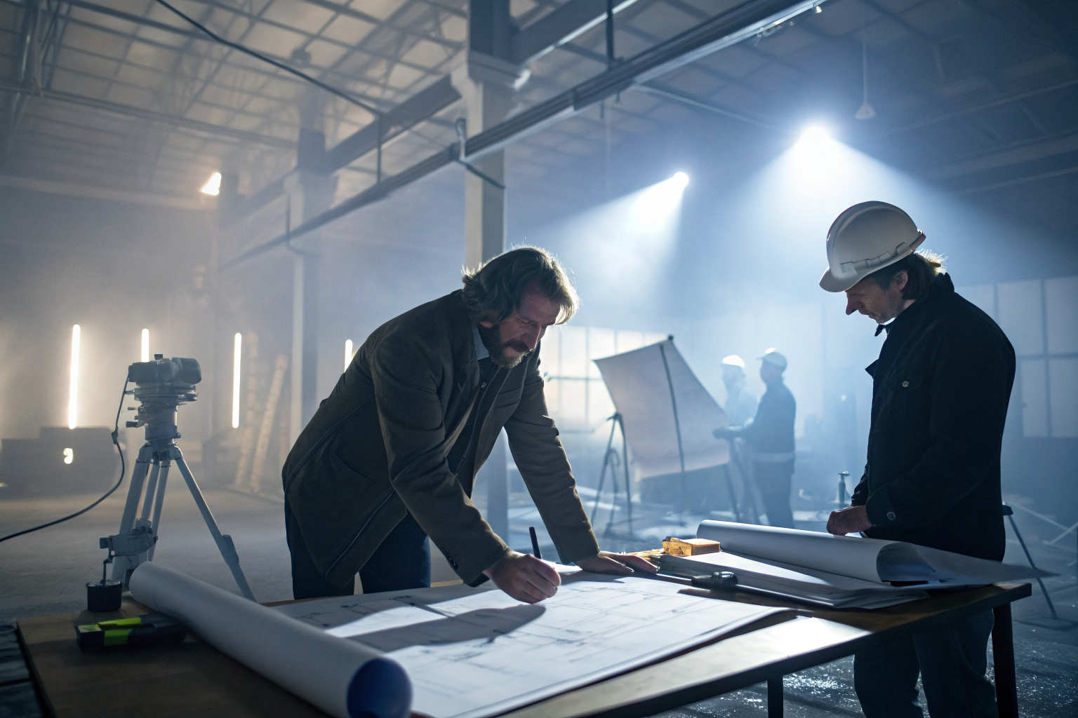 Engineer examining SPCC plans with technical documents in an office.