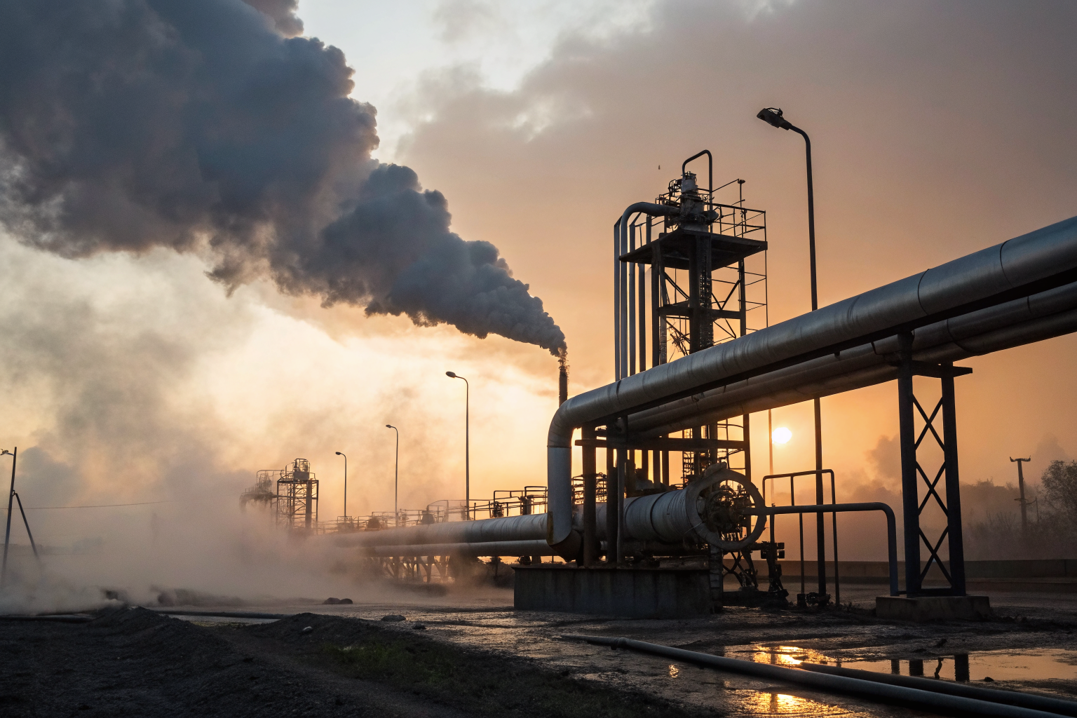 Industrial scene with oil pipes and leak detection at dusk, hyper-detailed.