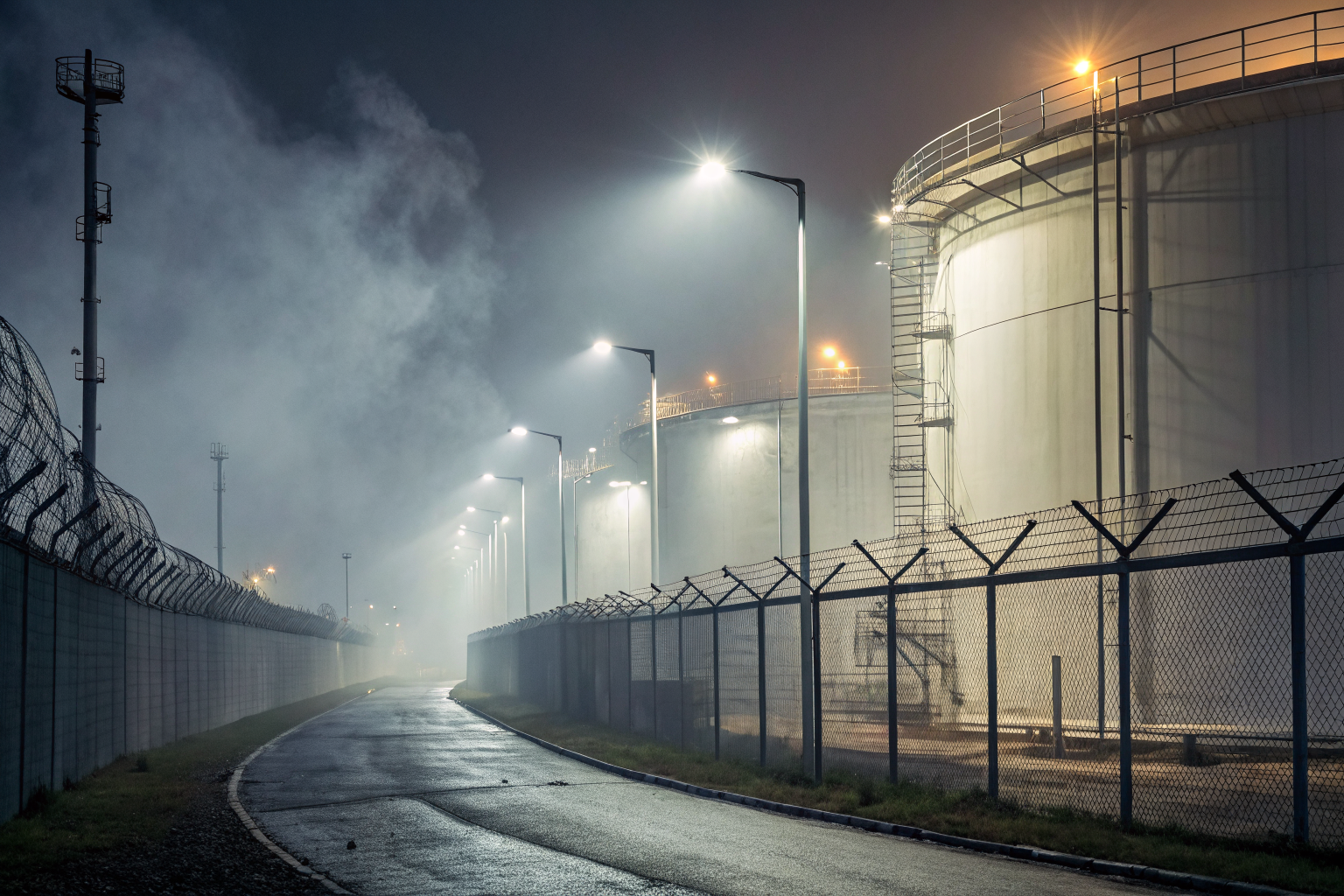 Secure oil storage facility with advanced barriers and dramatic lighting.