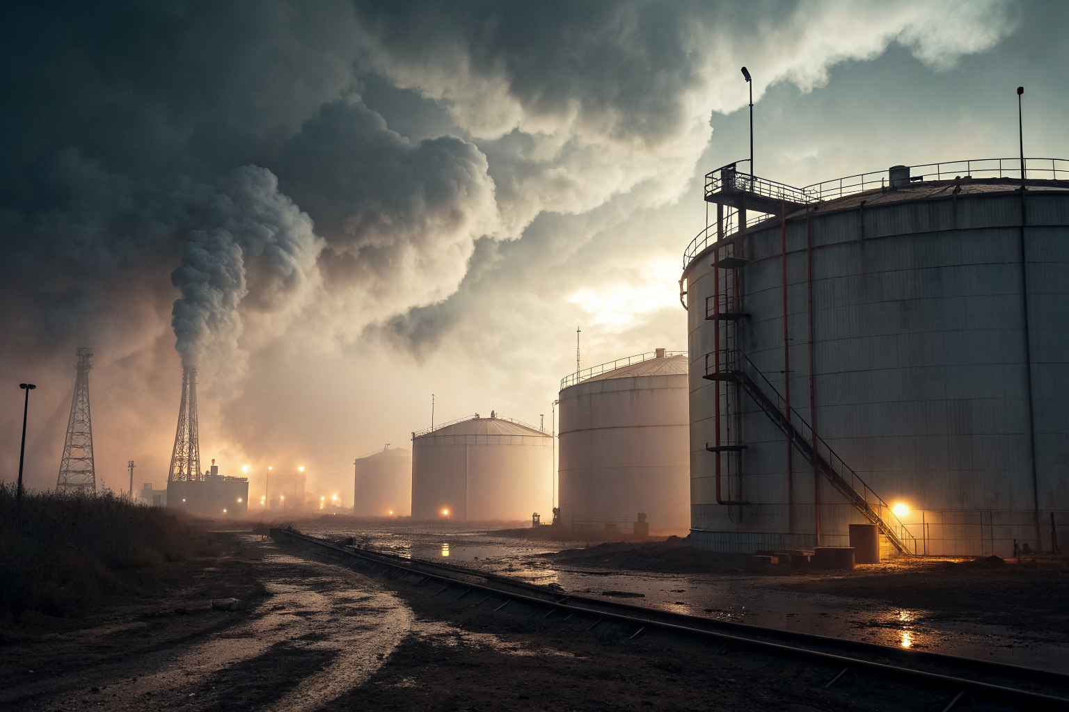 Dramatic oil facility with large tanks in foggy cinematic lighting.
