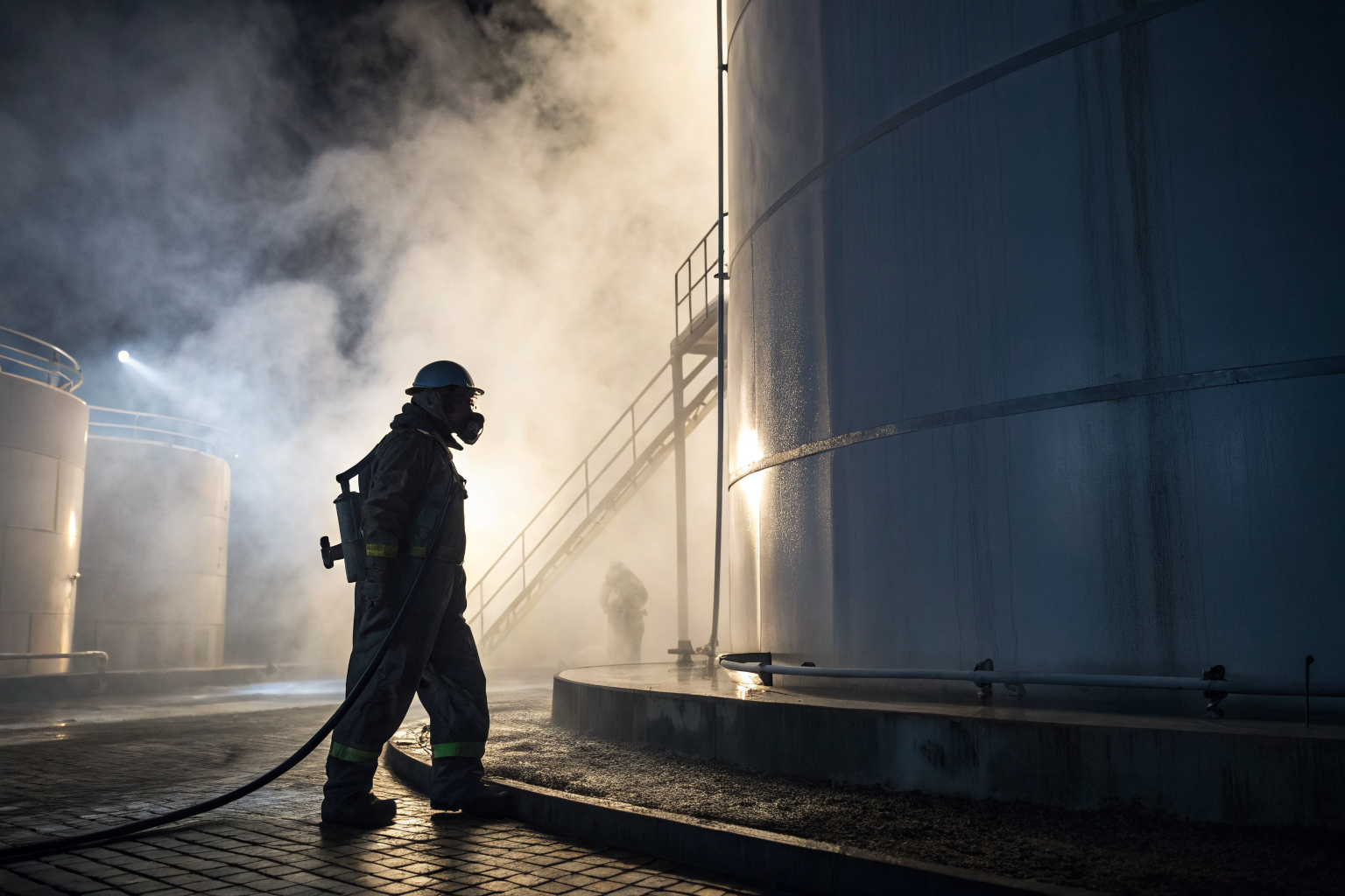 Oil handler in safety gear by an oil tank, showing spill prevention.