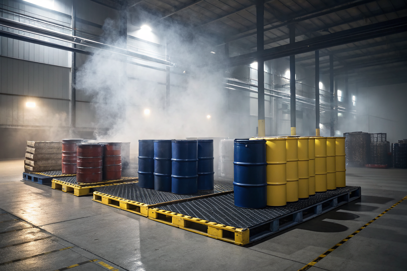 Spill decks and pallets with chemical drums in a warehouse, dramatic lighting.