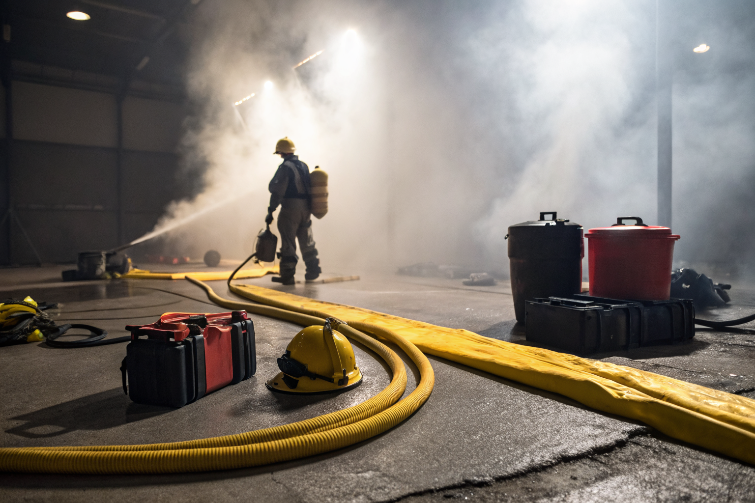 SPCC spill kit with oil-selective booms in dramatic lighting.