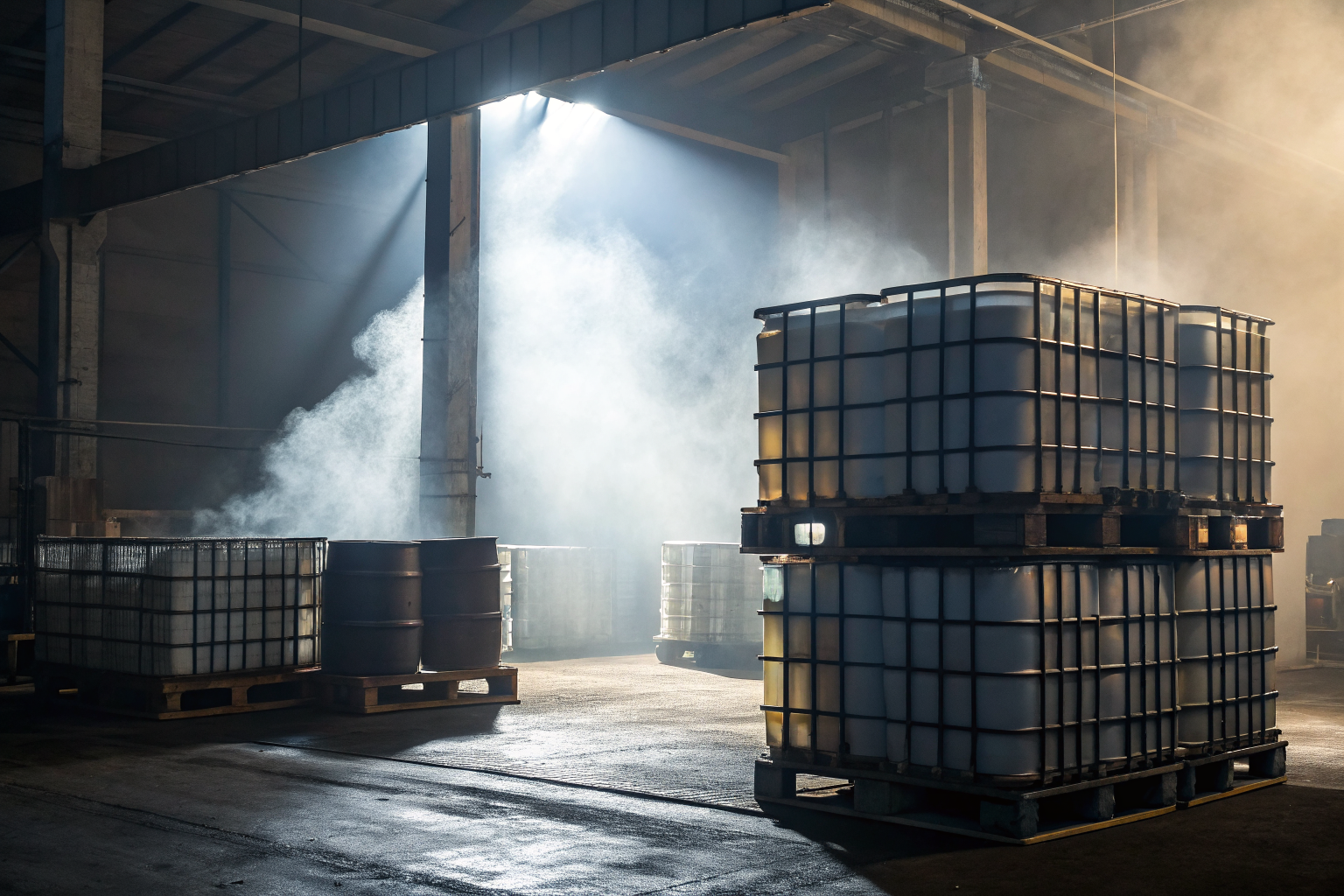 Steel and polyethylene spill pallets in dramatic lighting with fog.
