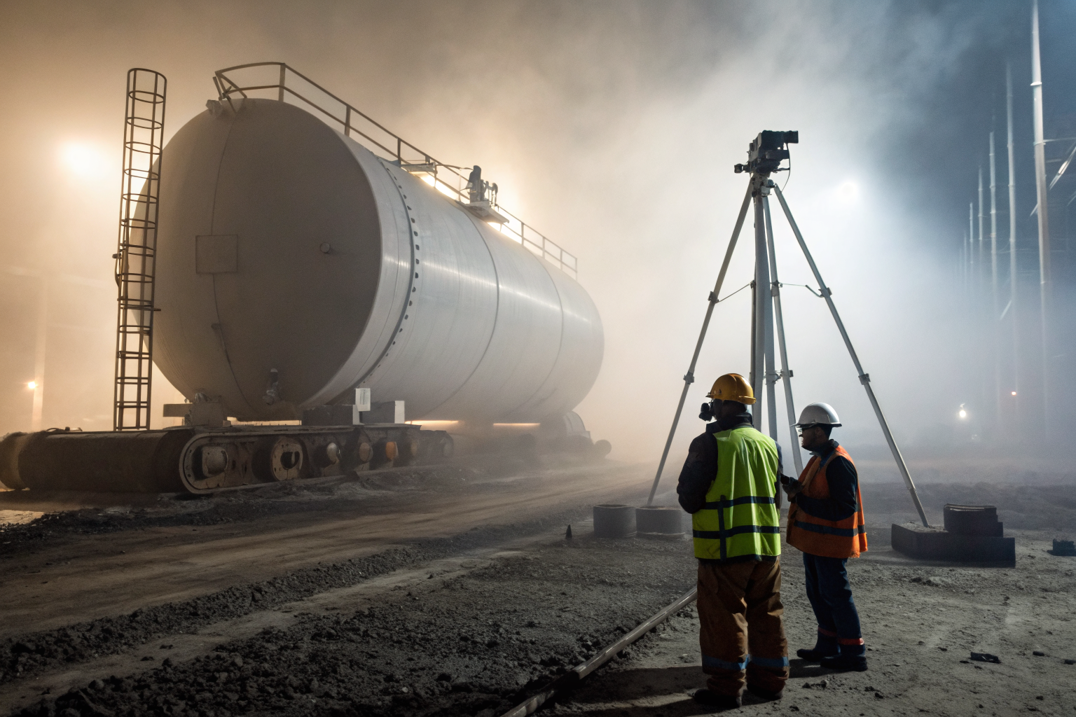 Industrial tank relocation with workers inspecting site and testing equipment.