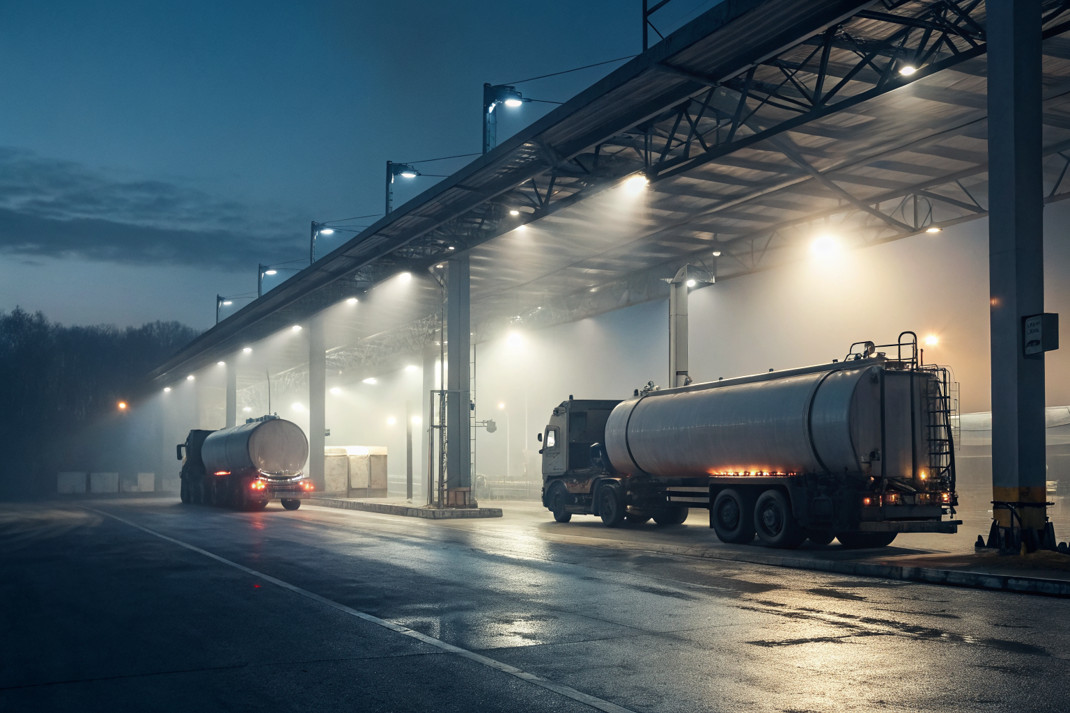 Tank trucks at a loading station with wheel chocks and electronic interlocks under dramatic lighting.