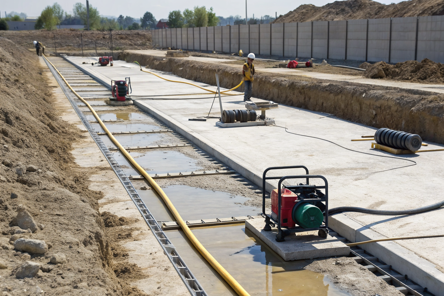 Prepared site with drainage and pumping for wash berm setup.