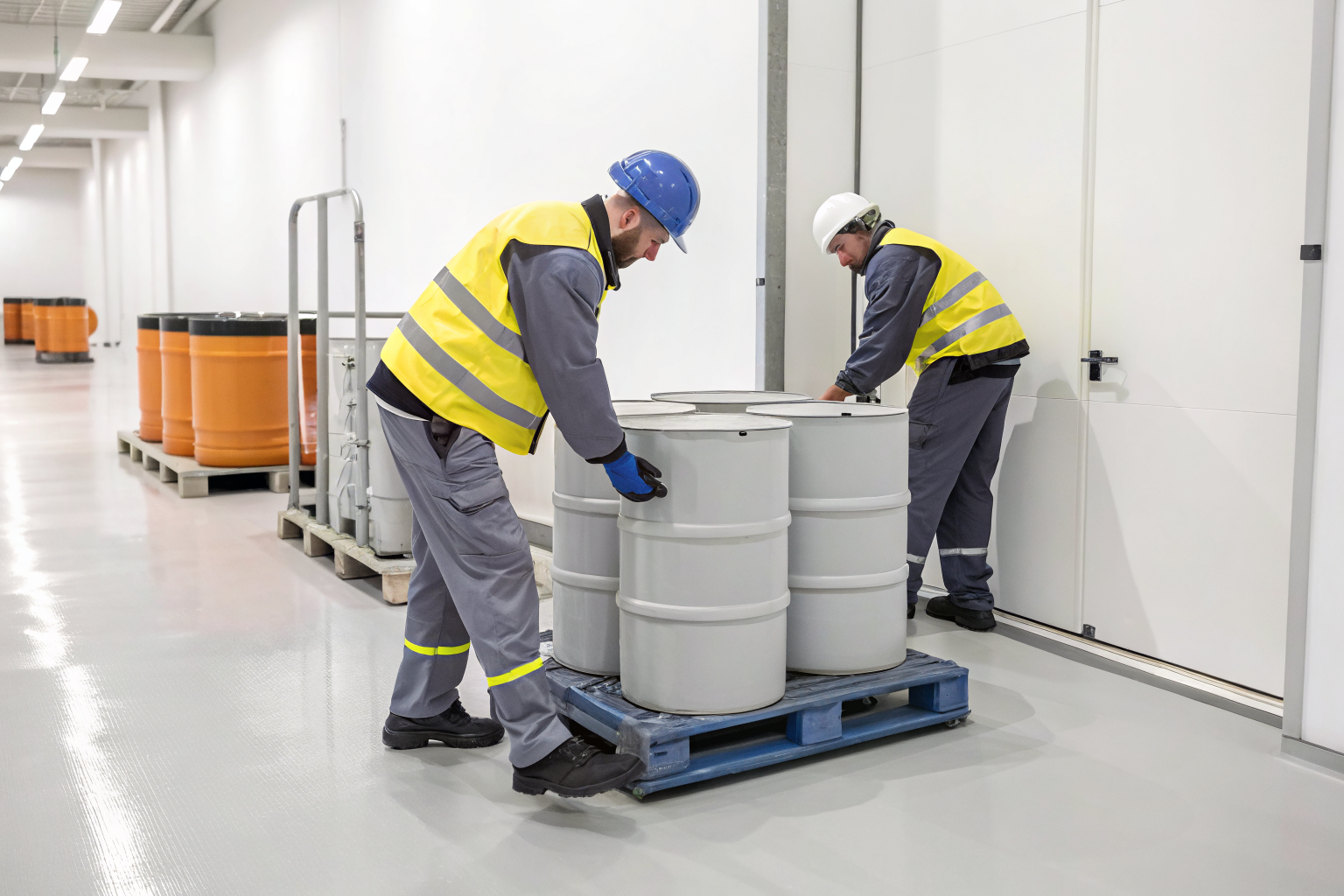 Workers using ergonomic storage to reduce lifting strain.