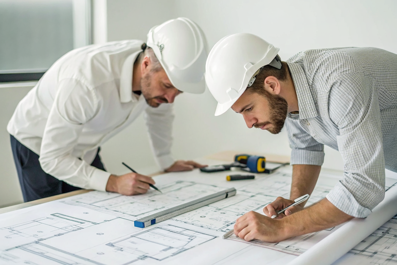 Engineers making facility diagrams with technical tools.