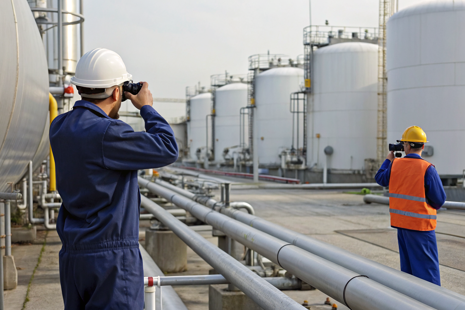Workers documenting oil storage systems in a facility.
